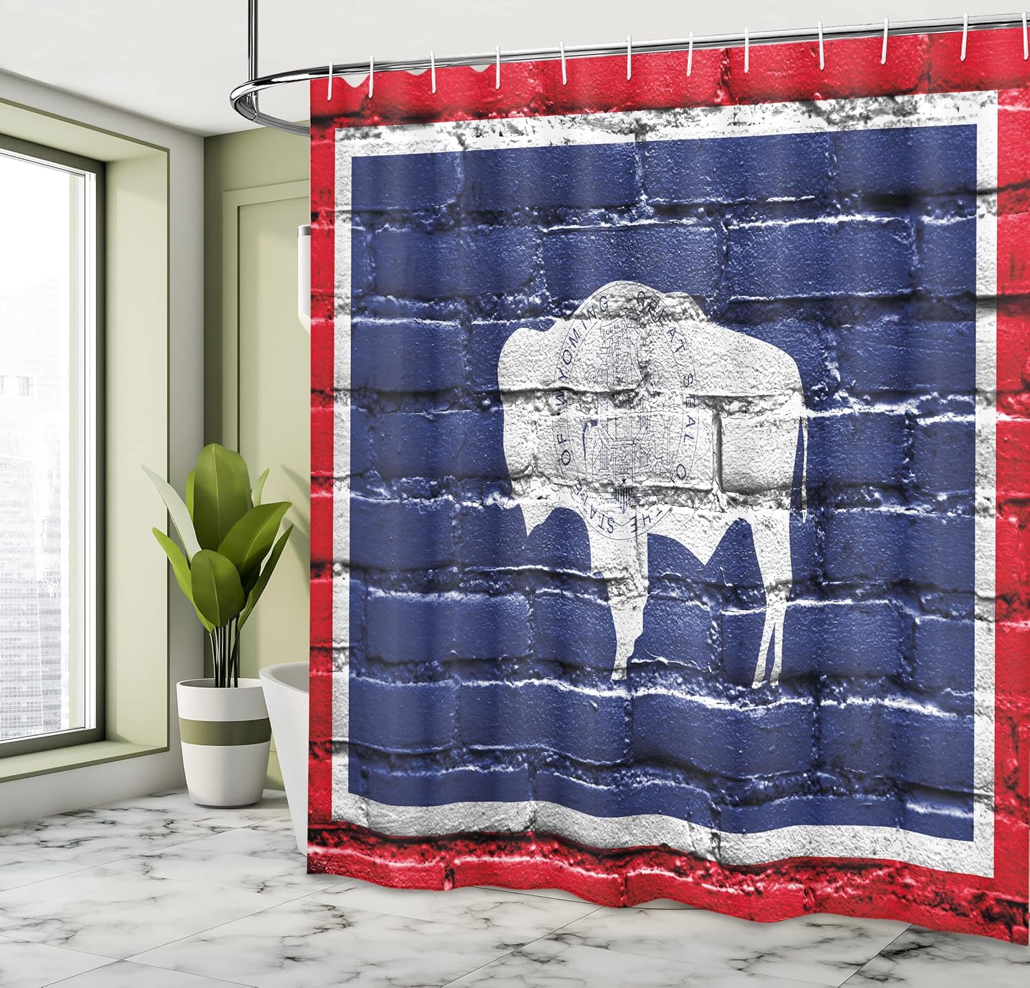Ambesonne Wyoming Shower Curtain, Flag of Equality State with Bison Print Painted on Brick Wall, Cloth Fabric Bathroom Decor Set with Hooks, 69" W x 70" L, Night Blue White