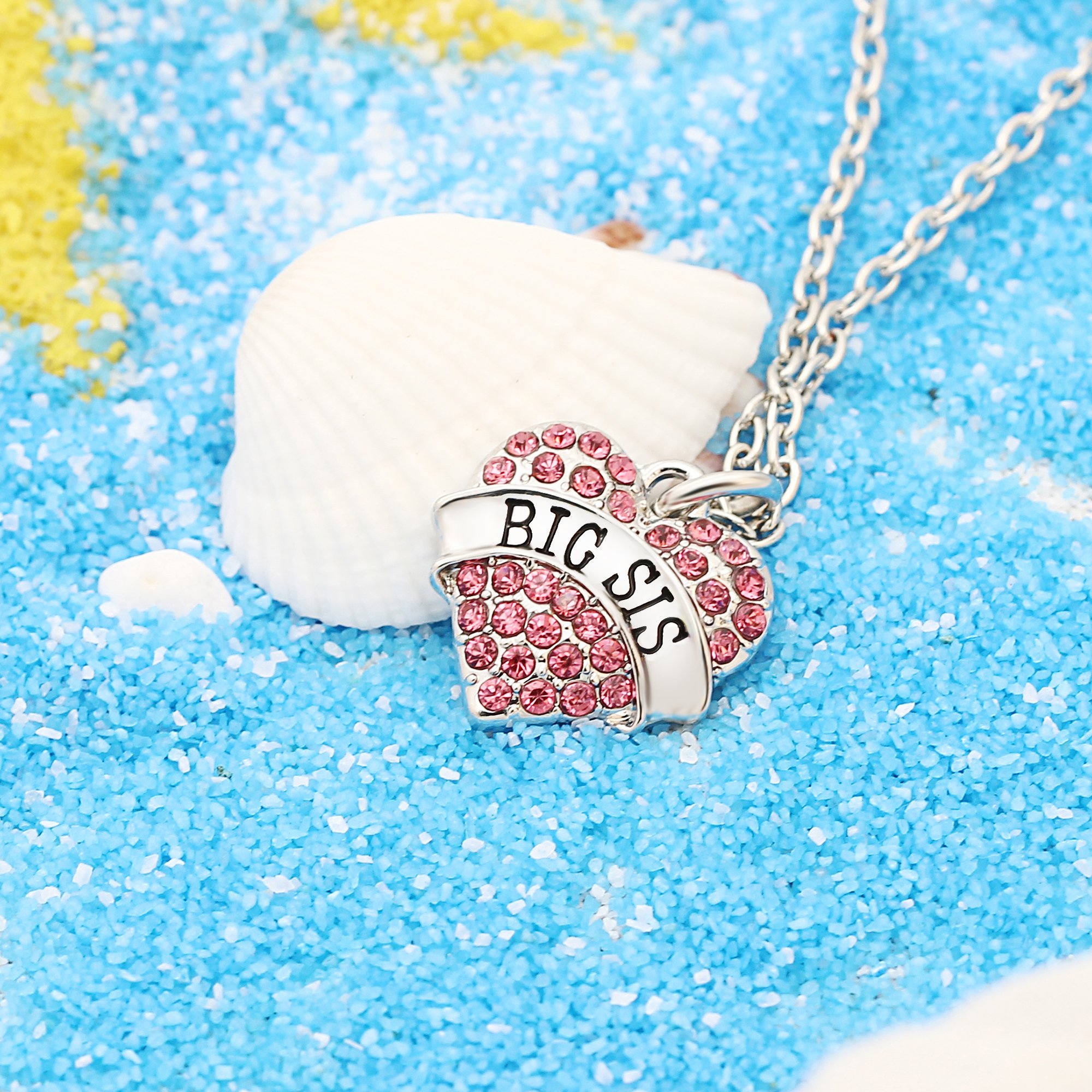 lauhonmin Family Jewelry Silver Alloy Pink Crystal Love Heart Big Sister Charm Pendant Necklace Women Gift