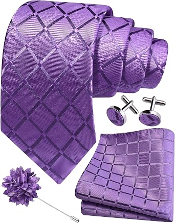 GUSLESON 3.15"8cm Mens Tie and Lapel Pin Plaid Checkered Necktie Hankerchief Cufflinks Set for Men