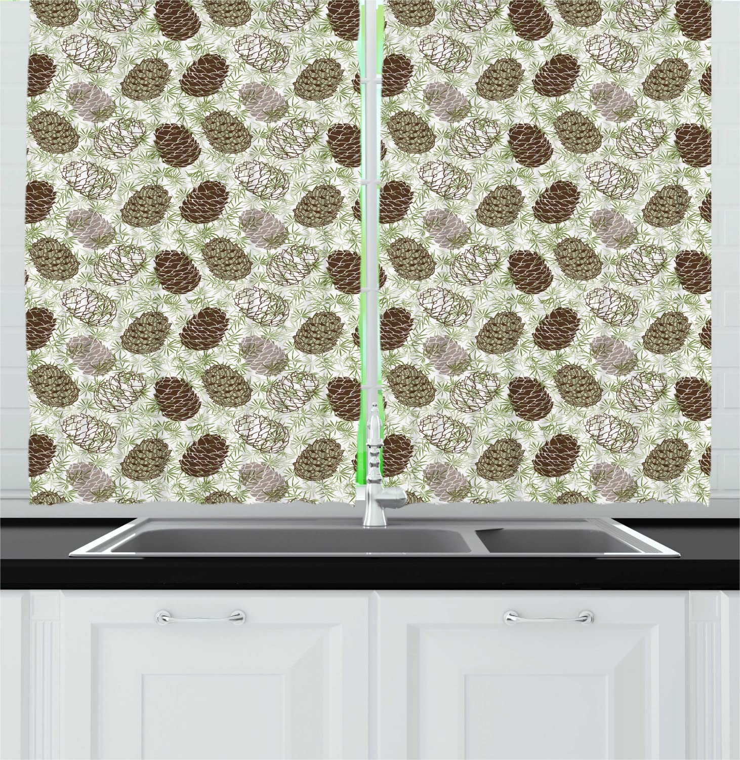 Ambesonne Pine Cone Long Kitchen Curtains, Forest Conifers Greenland Foliage Spruce Tree Woodland Style Botany, Two Panels Drapes with Rod Pocket Room Decor, 55" x 45", Fern Green Brown Taupe