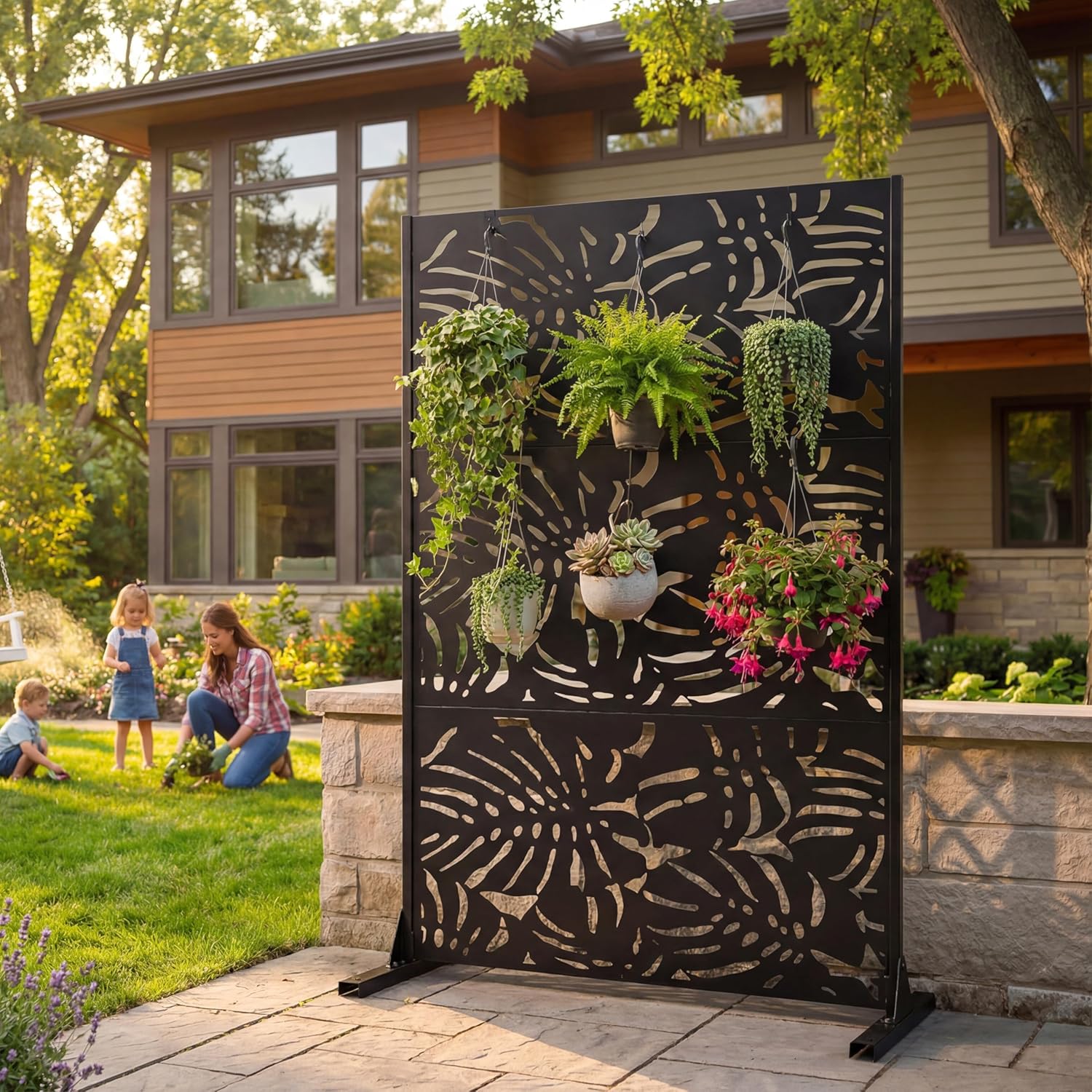 72" H Metal Privacy Screens for Backyard, W3.3Ft X H6Ft Outdoor and Indoor Divider with Free Standing Decorative Privacy Screen for Balcony Patio Garden Room Divider Black