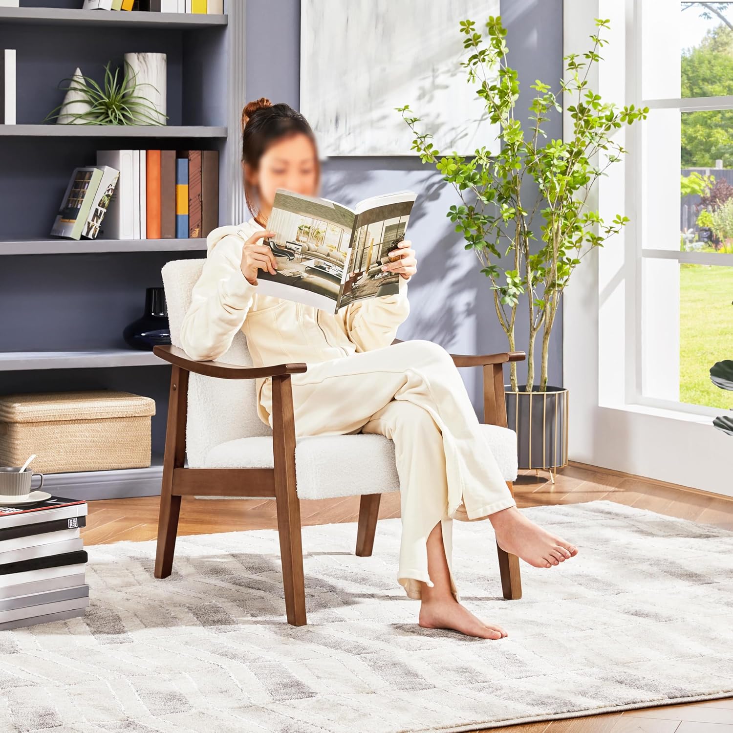 Yaheetech Fabric Accent Chair, Mid-Century Modern Armchair with Solid Wood Legs, Reading Leisure Chair with High Back for Living Room Bedroom Waiting Room, Set of 2, Ivory