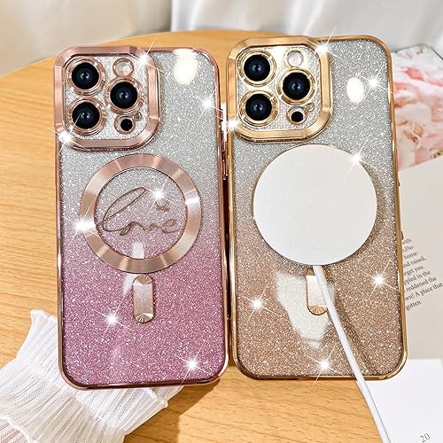 Vista 266 de Fiyart - Funda transparente magnética con purpurina para iPhone 12 para mujeres, con grabado "Love" metálico, protección para cámara y antigolpes