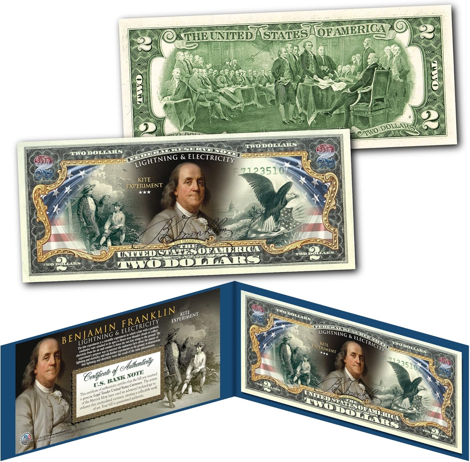 Ben Franklin Lightning & Electricity Kite Experiment Americana United States $2 Bill Collectible Art with Certificate and Display