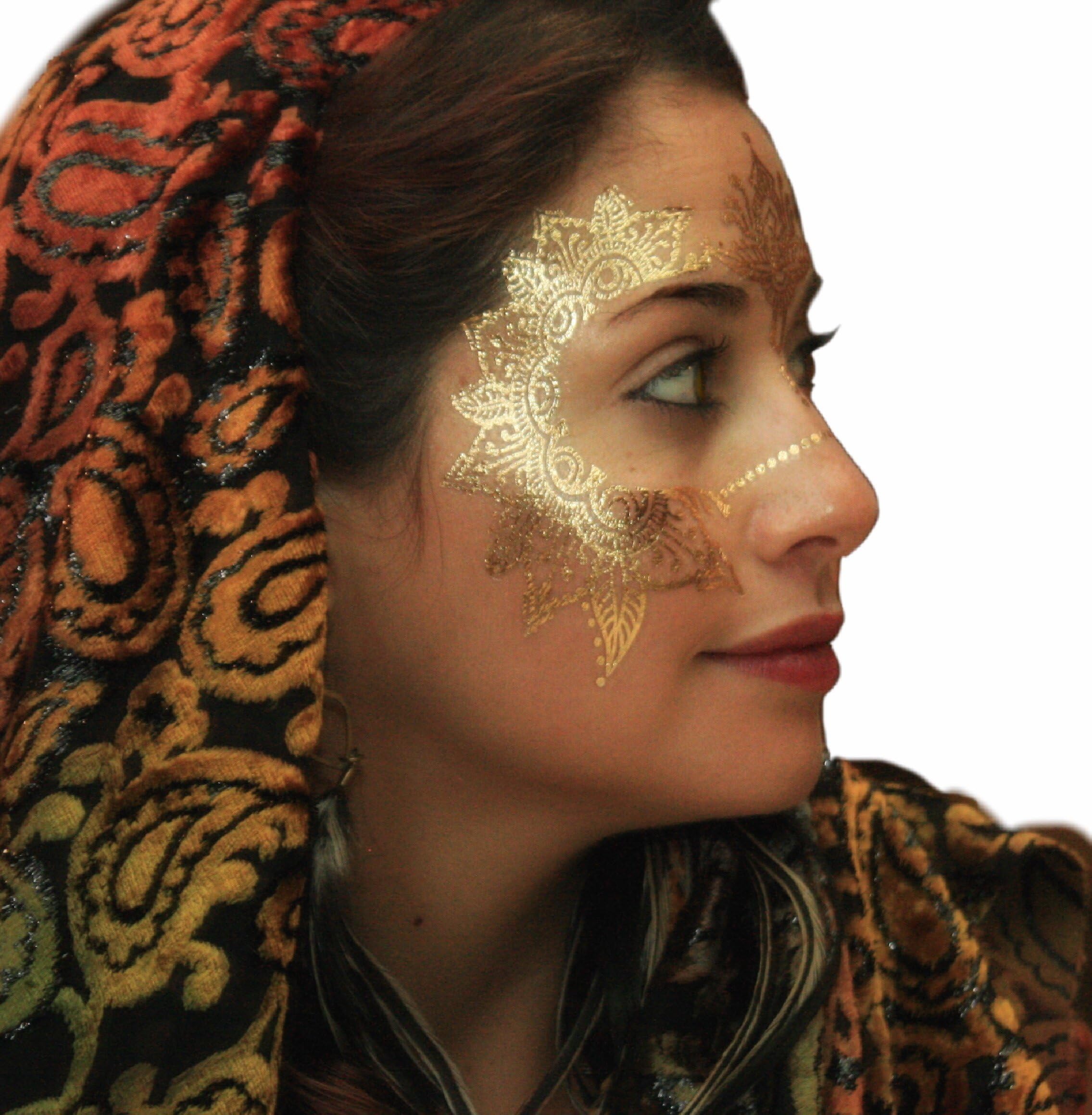 Metallic Temporary Tattoos by Golden Ratio Tats, Festival Face Paint, Gold and White Masquerade Tattoos (Henna Hannah Face Tattoo)