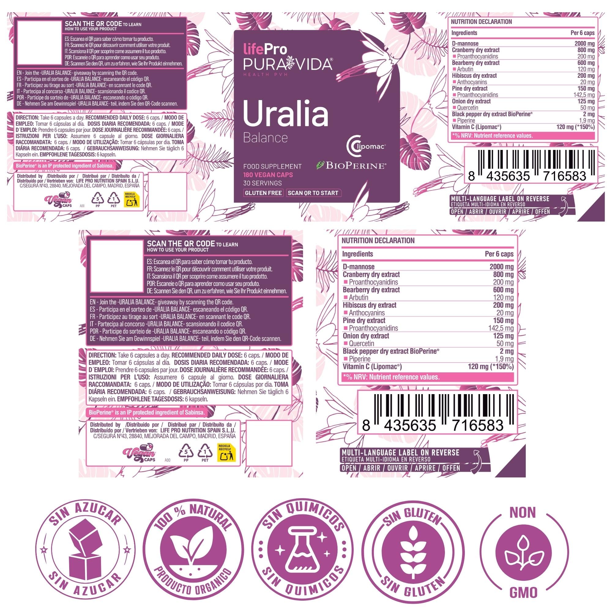 Life Pro Pura Vida Cranberry Uralia 180 gélules végétaliennes - pour la cystite et les voies urinaires - Formule naturelle à base de D-mannose, de canneberge et de vitamine C - Gélules végétaliennes