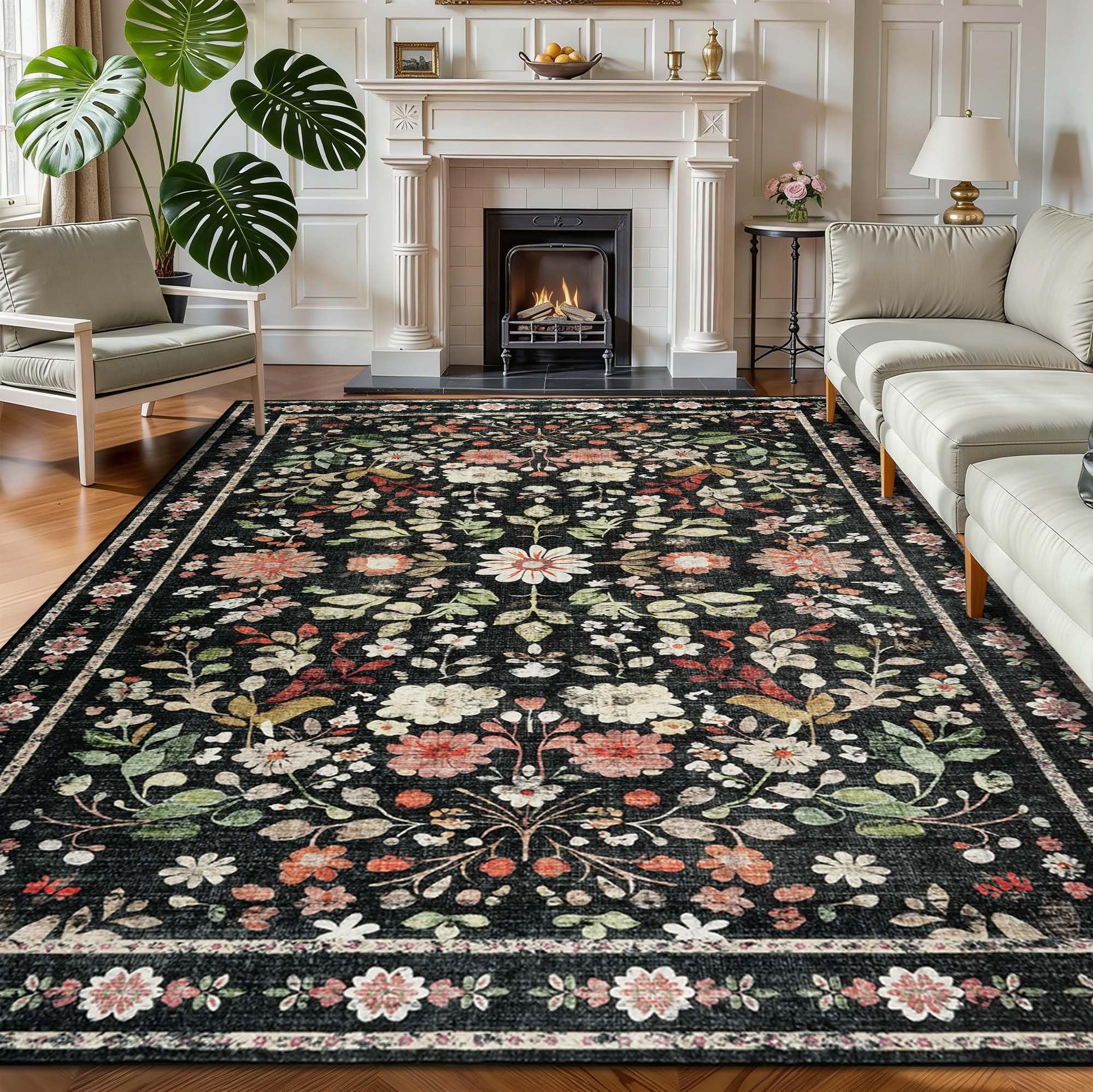 Homcomodar Floral Rugs Living Room Large 160x230cm Black Washable Rugs for Bedroom Non Slip Area Rug Short Pile Boho Vintage Rug Soft Carpet for Living Room Nursery Kitchen Office Decor