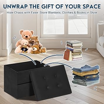LOFTEY Small Ottoman Storage Box, Foldable Foot Stool with Lid, Black | 27.7L Storage With Side Pocket, Soft Velvet Top, 100 kg Seating Capacity, Folds Flat to 5cm for Storage, 40 x 30 x 30 cm