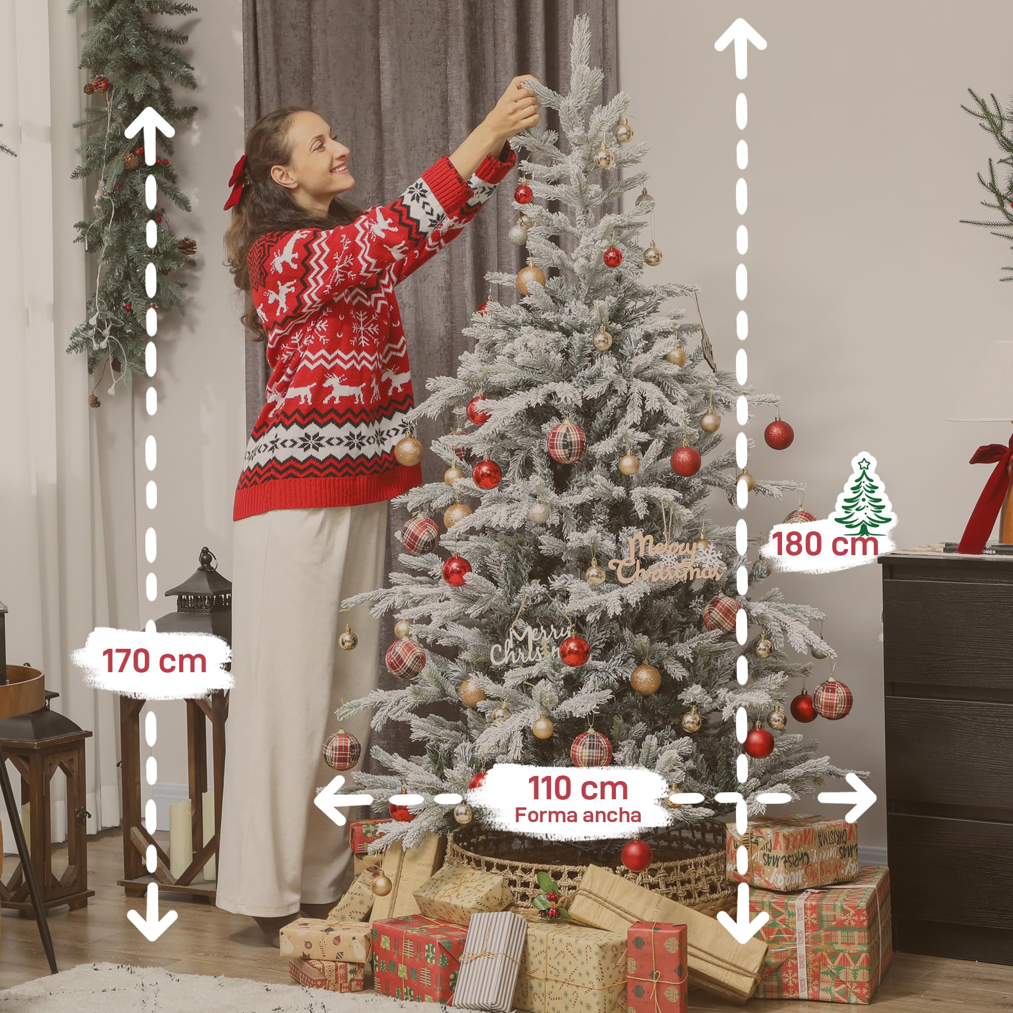 HOMCOM Árbol de Navidad Artificial Ø110x180 cm, Árbol de Navidad Nevado, Abeto Artificial con 1207 Ramas Articuladas, Base Plegable, Fácil de Montar, Decoración para Hogar, Oficina, Fiestas