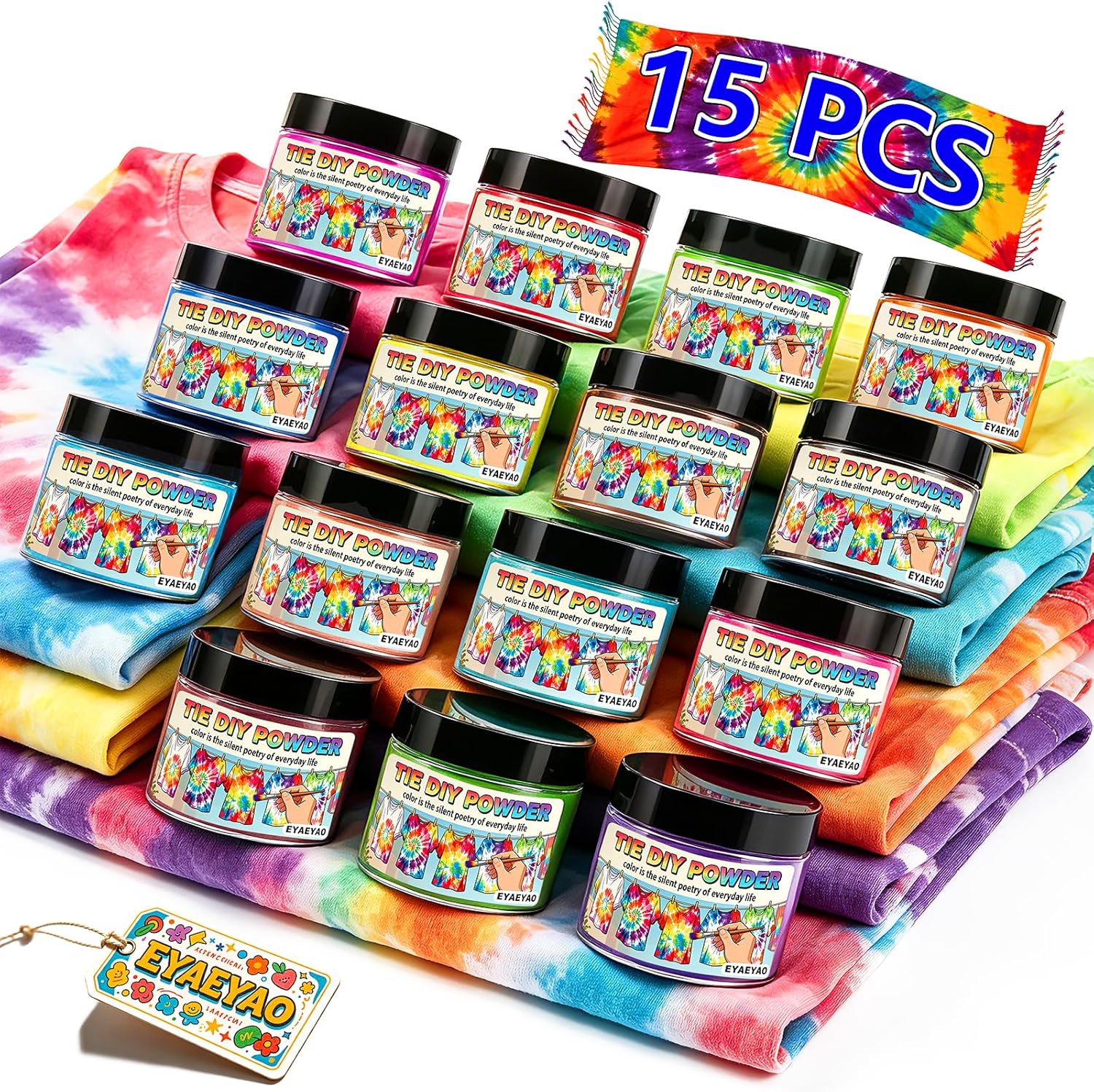 15 Color Tie Dye Powder Kit - 2oz Jars Each, Non-Toxic Permanent Fabric Dye for Clothes & DIY Crafts, Perfect for Party Activities, Group Projects & Homemade Gifts (15 Color, 2oz Jars Each)