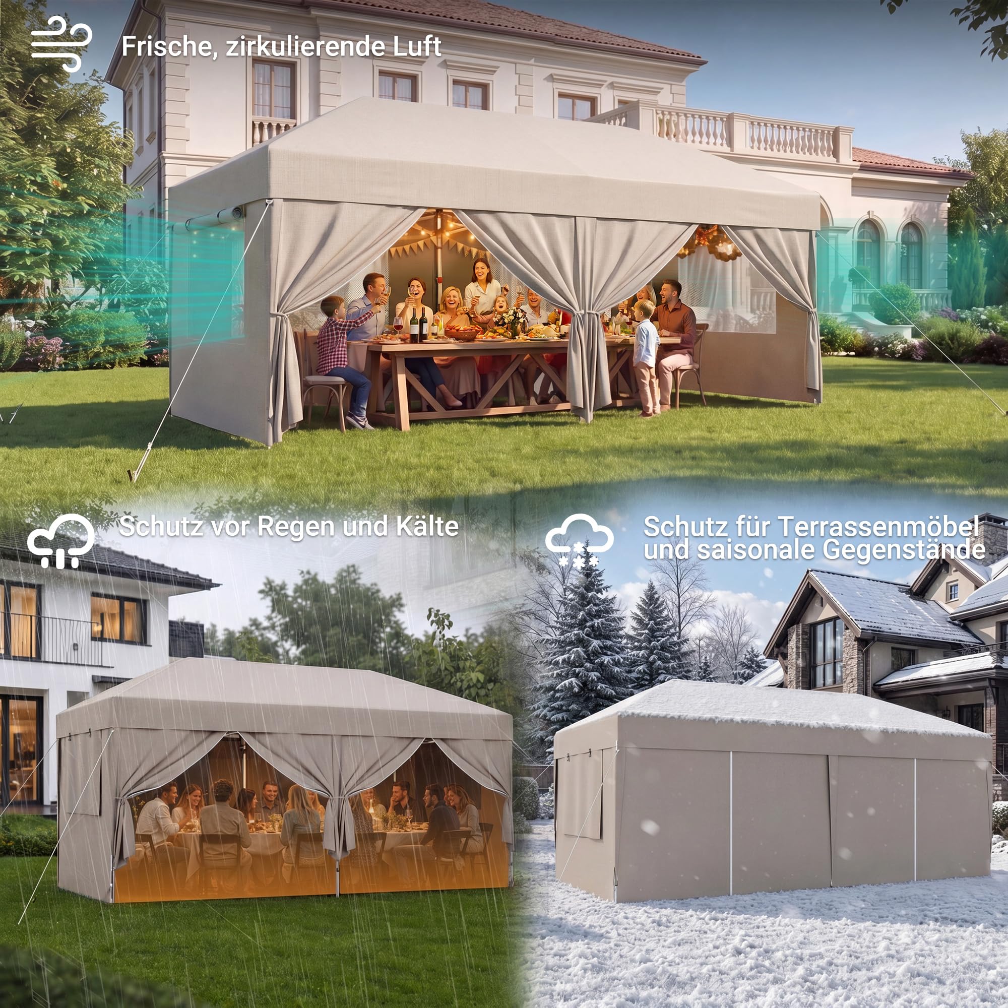 JUMMICO Pop Up Faltpavillon, 3 x 6 m Pavillon mit Netzfenstern zur Belüftung, UV-Schutz 50+, mit 4 Seitenwänden, wasserdicht stabil Winterfest，Faltbar Partyzelt Gartenzelt Gartenpavillon, Beige