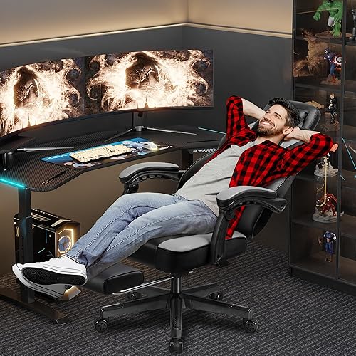 Miniatura 3 de Shintenchi Silla para videojuegos, silla de videojuegos con reposapiés y soporte lumbar de masaje, silla de juego de altura ajustable con asiento