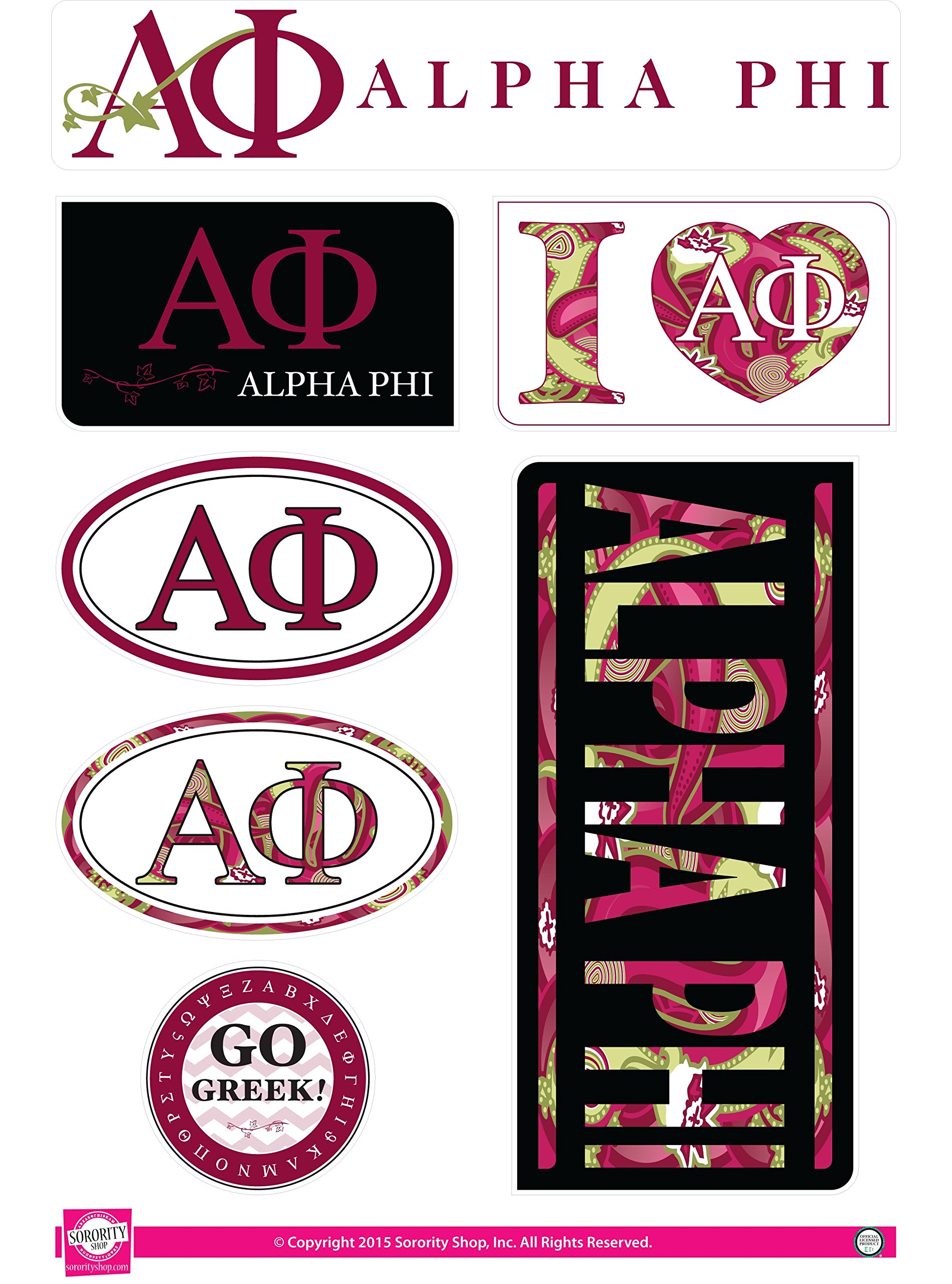 Alpha Phi Sticker Sheet - Lifestyle Theme. 8.5" x 12", 7 Stickers Per Sheet.
