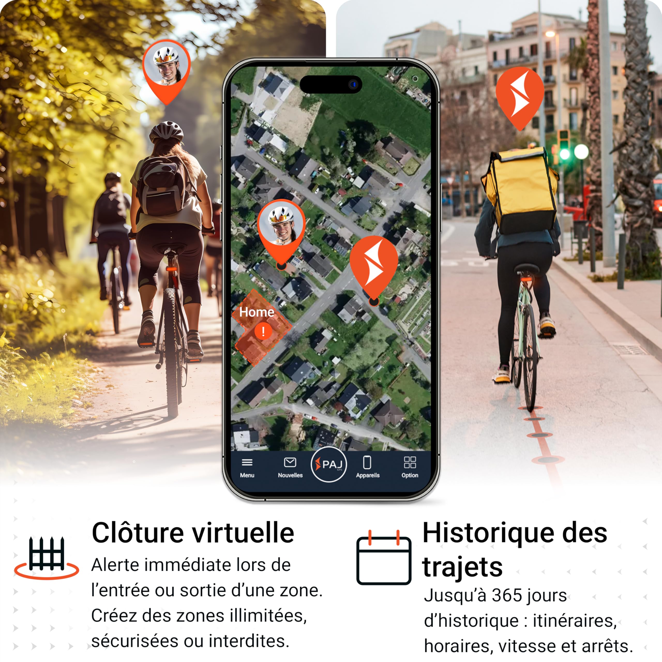Tracker GPS PAJ Feu arrière vélo - Localisation 4G Temps réel Alerte Chute, Alarme vélo GPS étanche 20 Jours Autonomie