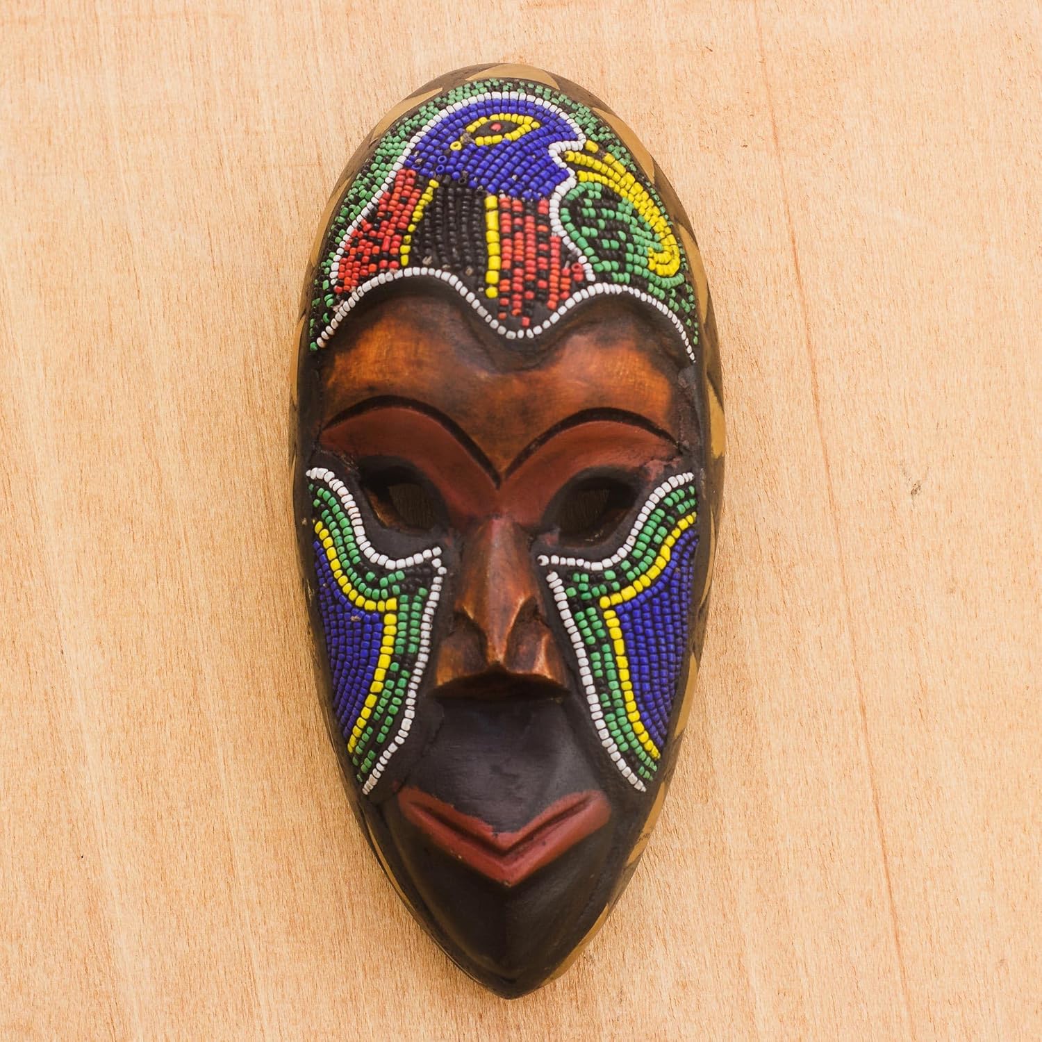 NOVICA Artisan Handmade African Beaded Wood Mask with Bird Motif Multicolor Woodglass Ghana Masks Recycled Animal Themed Ghanaian Eco Friendly [7.75in H x 3.7in W x 2.4in D] ' Serie'