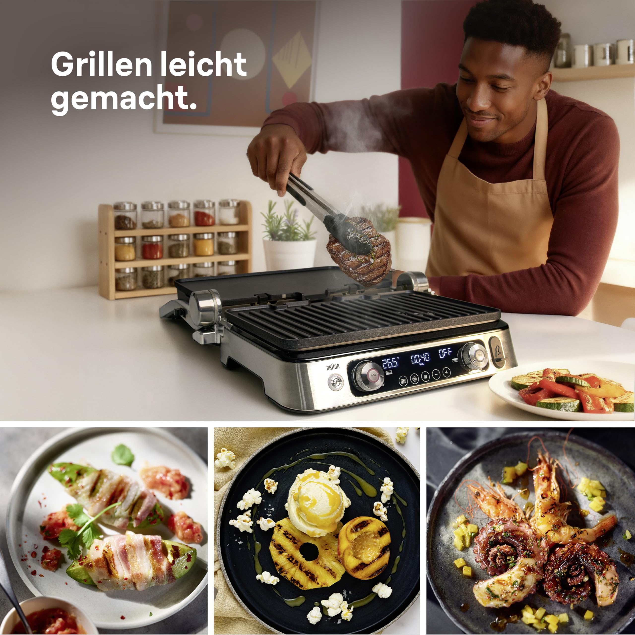 Braun MultiGrill 9 CG 9167 Kontaktgrill mit Grill-, Flach- und Waffelplatten, Temperaturfühler, Boost-Funktion 265°