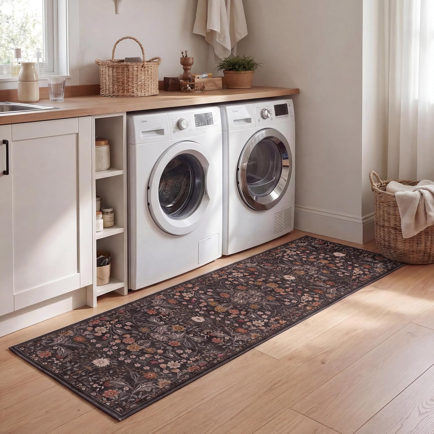 JONATHAN Y Ultra-Soft Machine-Washable Rug with Non-Skid Backing, Taupe/Multi 2'x8' Primrose Art Nouveau Floral Border, Non-Shedding, Velvet Luxury Feel for Living Room, Dining Room Bedroom BTF100F-28