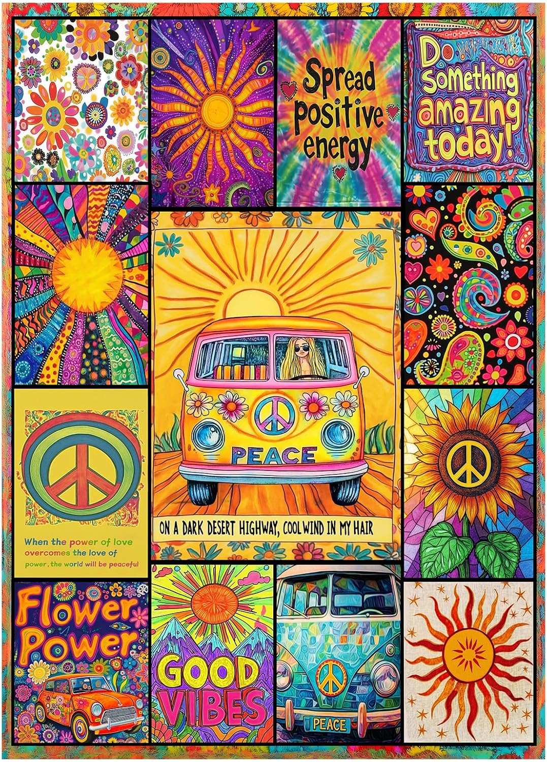 Colorful Inspirational Collage Puzzle 1000 Pieces for Adults, Peace Sunflower Psychedelic Vintage Jigsaw Puzzle, Car 1970s Hippie Art Puzzles