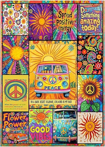Colorido rompecabezas inspirador de collage de 1000 piezas para adultos, rompecabezas psicodélico vintage de girasol de la paz, rompecabezas de arte