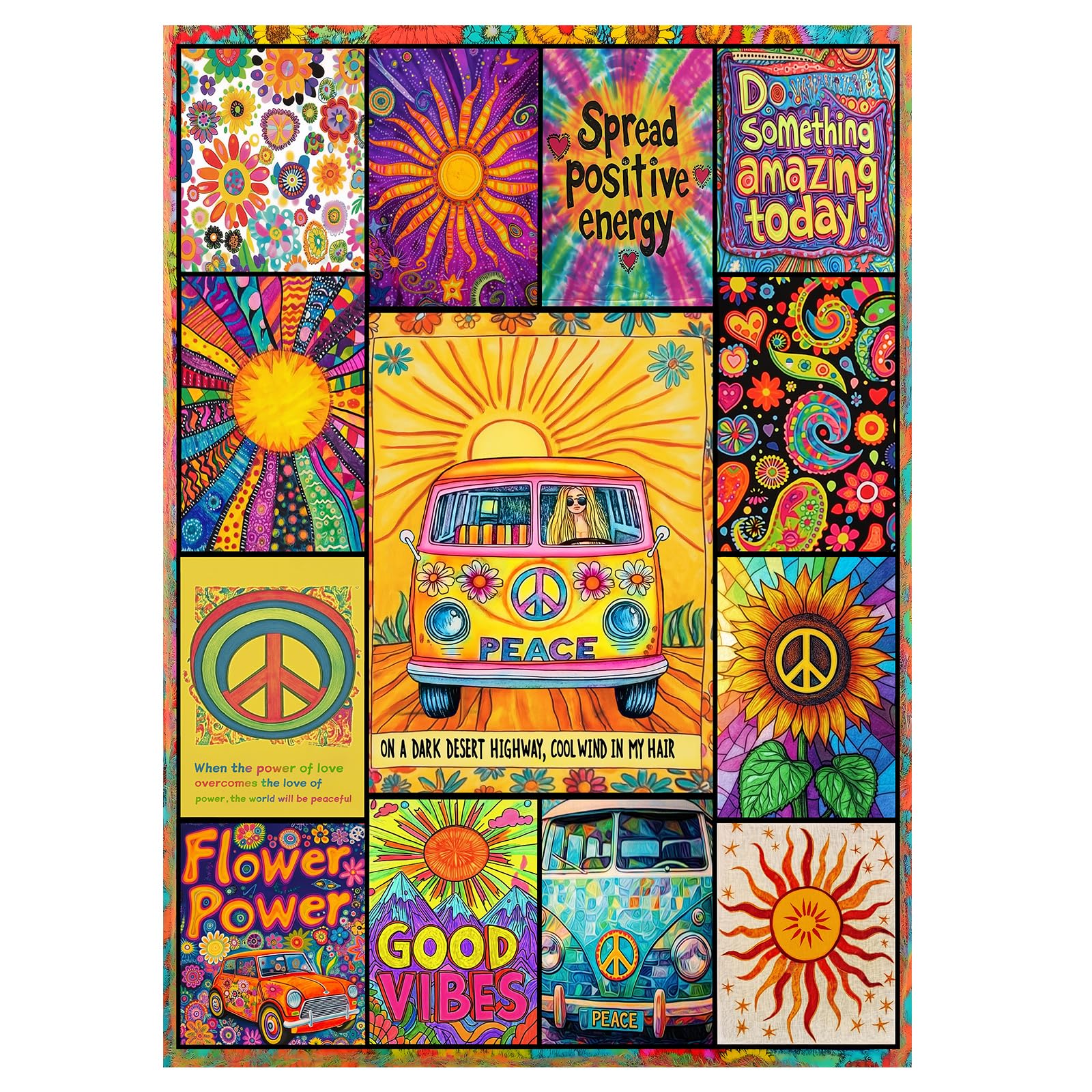 Colorful Inspirational Collage Puzzle 1000 Pieces for Adults, Peace Sunflower Psychedelic Vintage Jigsaw Puzzle, Car 1970s Hippie Art Puzzles-image-49