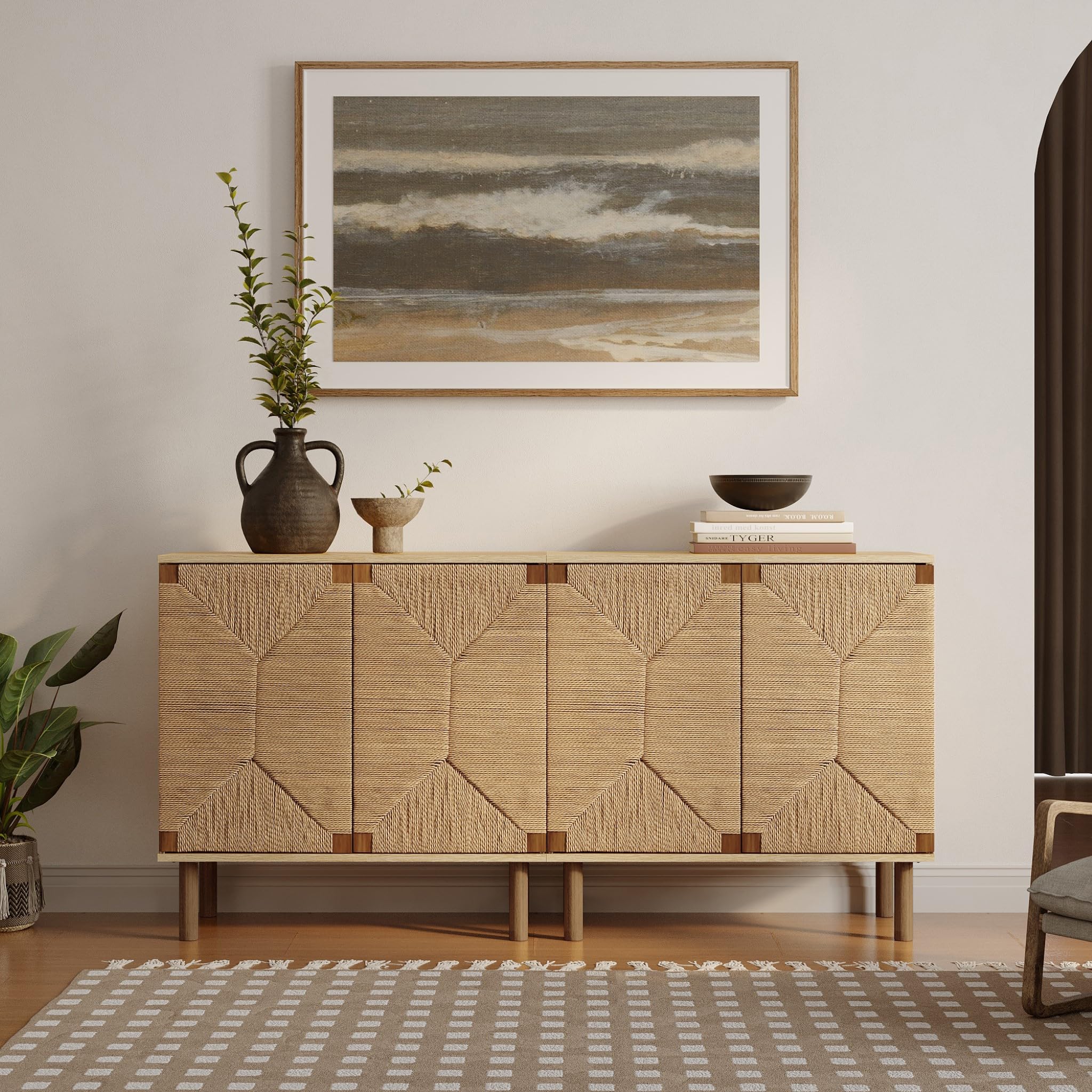 LuxenHome 31' Sideboard Buffet Cabinet with Storage, Seagrass Boho Accent Cabine — product photo