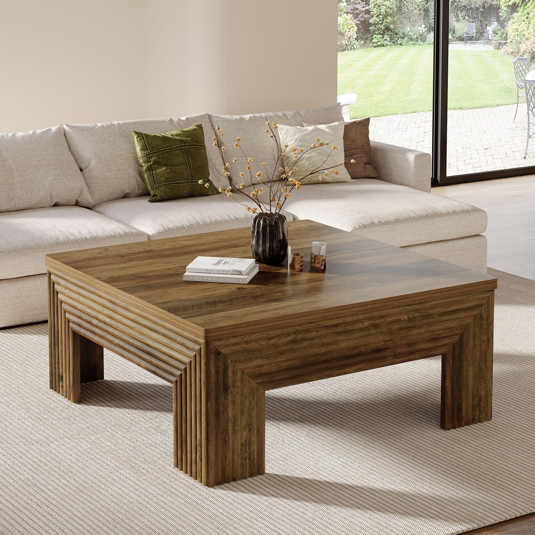 Tribesigns Mesa de Centro, Mesa Auxiliar para Salón o Comedor Sala de Estar Balcón Oficina, 100 x100 x 45 cm, Mesa de Centro Cuadrada con Patas de Madera Resistentes, Marrón