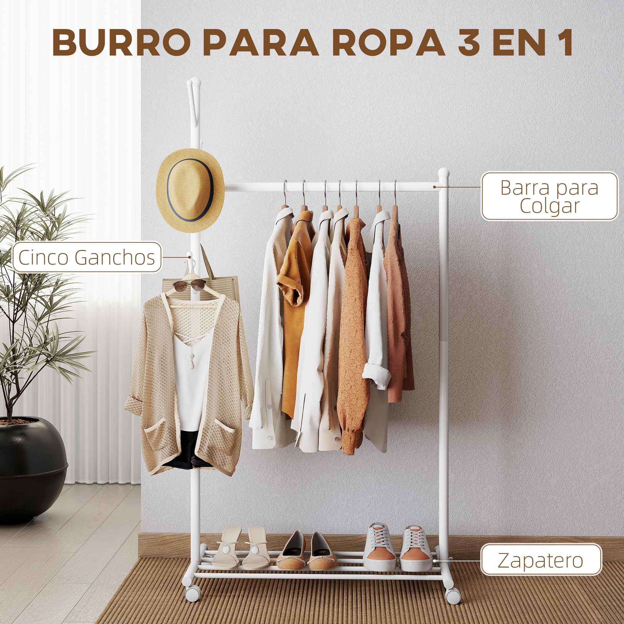 HOMCOM Burro Ropa con Ruedas, Perchero Burro Ropa con 5 Ganchos Barra para Colgar y Balda Inferior Perchero para Recibidor, Entrada, Dormitorio, 86x43x171 cm, Blanco