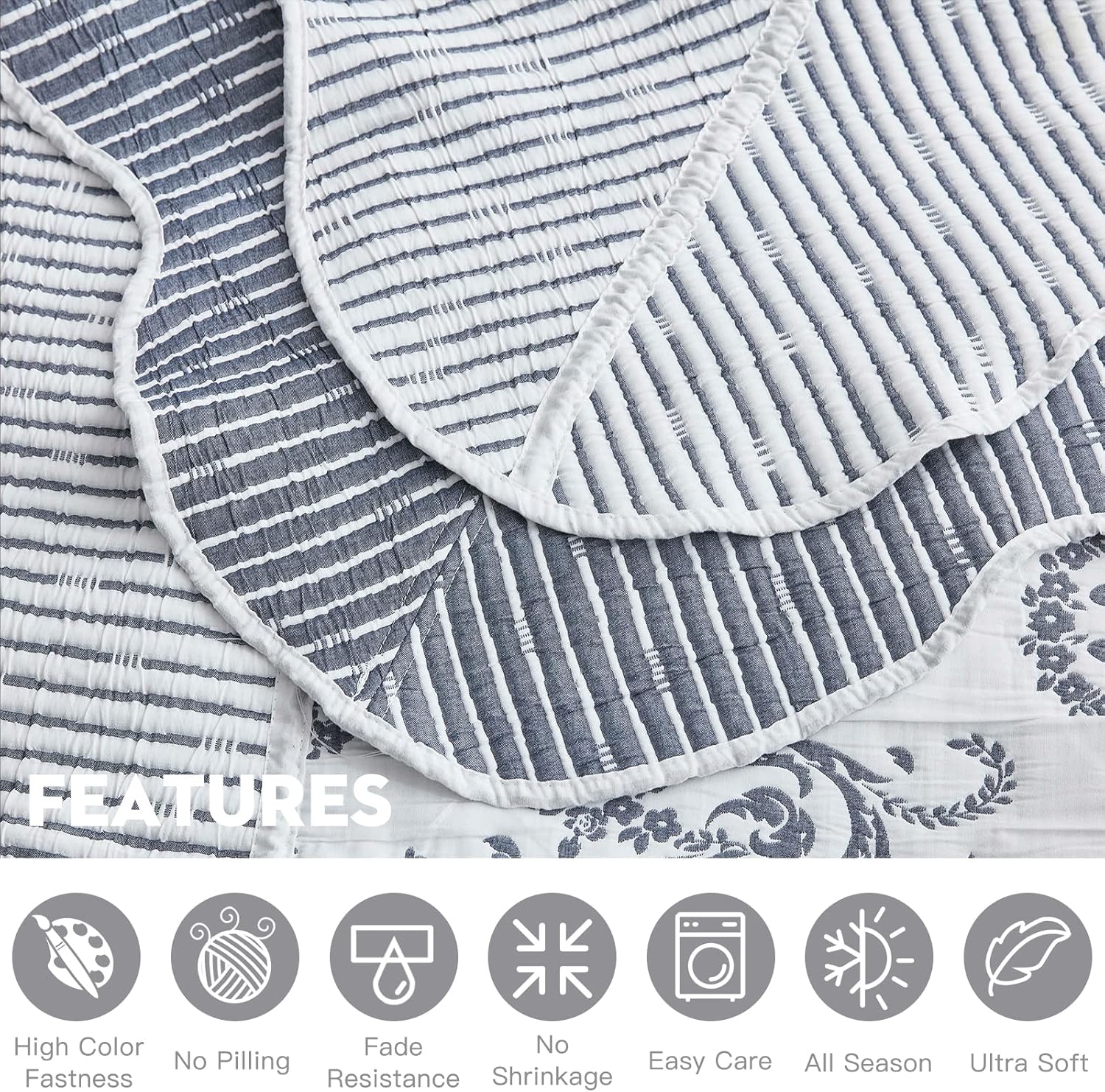 HZ & HY Oversized King Bedspread 128x120 Extra Wide, Jacquard Matelasse Damask Pattern Design, Lightweight, Reversible, 5 Piece, 100% Microfiber, Dark Blue - Image 7