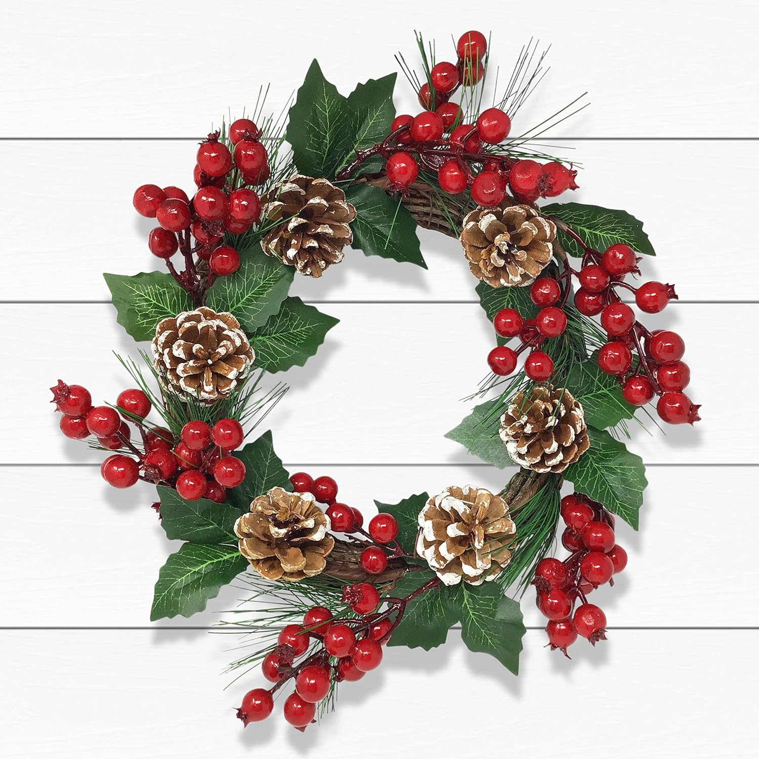 Christmas Wreaths - Pine Twigs, White Tipped Pinecones, Red Berries & Holiday Greenery - Door, Window, Porch & Mantel Décor - Measures 12" D - Image 8