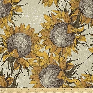 Lunarable Floral Fabric by The Yard, Dark Toned Sunflowers with Sketch Effects Harvest Time Theme Paint Picture, Decorativ...