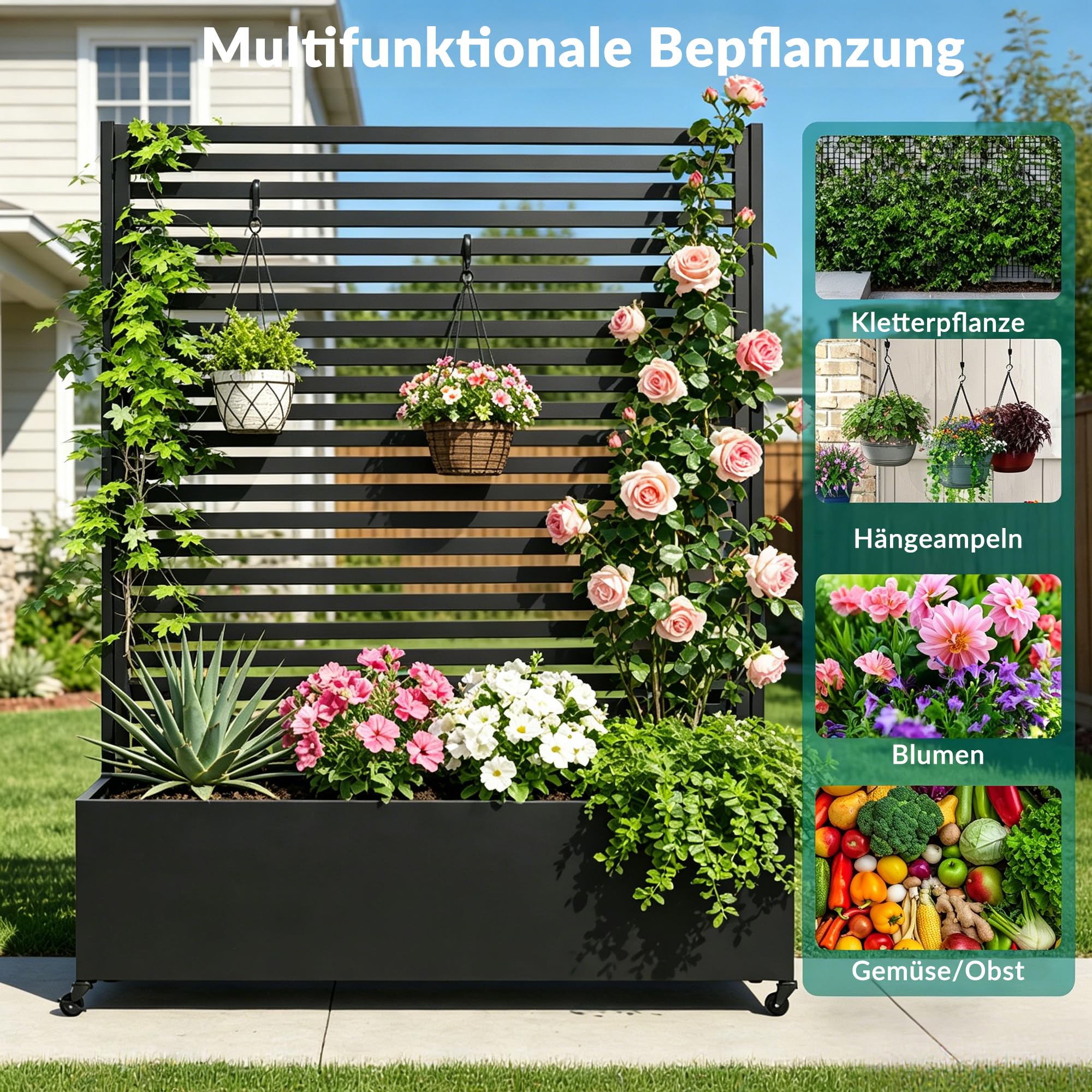 Pflanzkasten aus Metall für den Außenbereich mit Spalier, Hochbeet aus Metall mit Rad, freistehender Sichtschutz-Pflanzkasten für Blumen, Gemüse im Garten, auf der Terrasse, auf dem Balkon