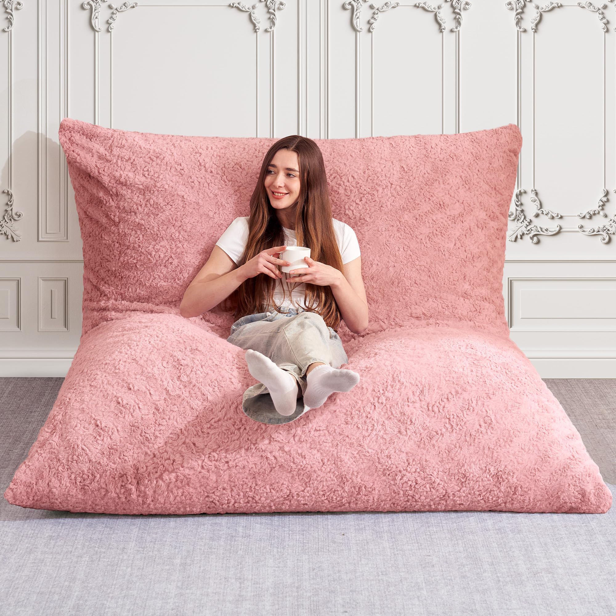 habutway 4 in 1 bean bag chair, giant memory foam filling bean bag sofa, adult bean bag chair, machine washable faux fur cover, bean bag for adult (pink)