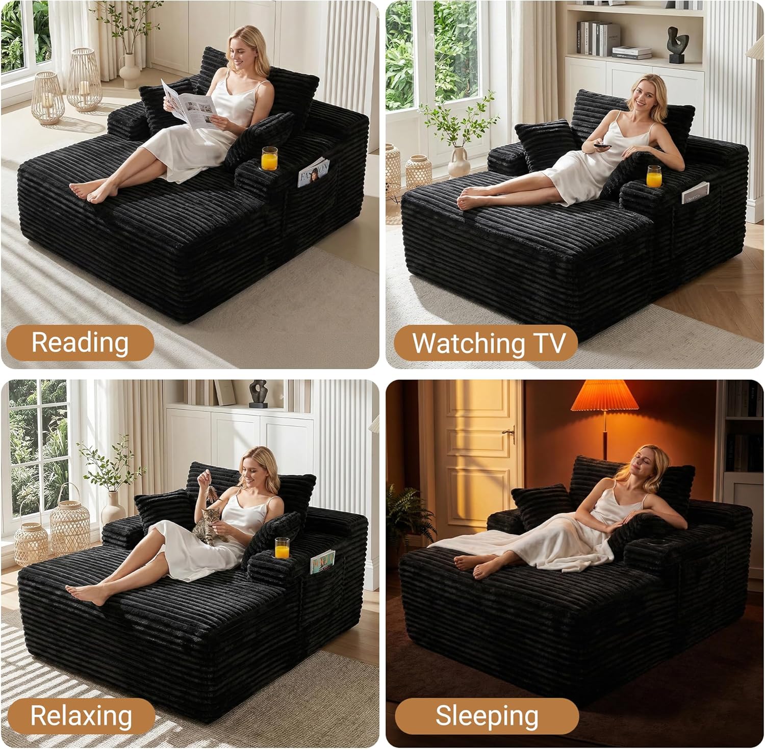 Oversized Chaise Lounge Chair Indoor, Upholstered Boneless Sofa Bed, Corduroy Deep Seat Sleeper Couch Reading Chairs with 1 Cup Holder, 2 Side Pockets & 3 Pillows, No Assembly (Black, 60''× 56'')