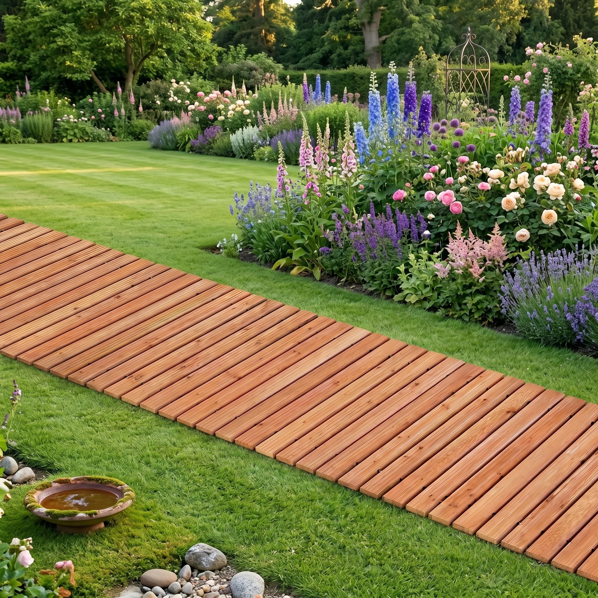 HOMASIS Passerella per Giardino Arrotolabile, Sentiero da Prato in Legno di Abete a Doghe Resistente, Percorso con Superficie Antiscivolo da Esterno per Cortile e Spiaggia (242 x 55 x 1,5 cm,Naturale)