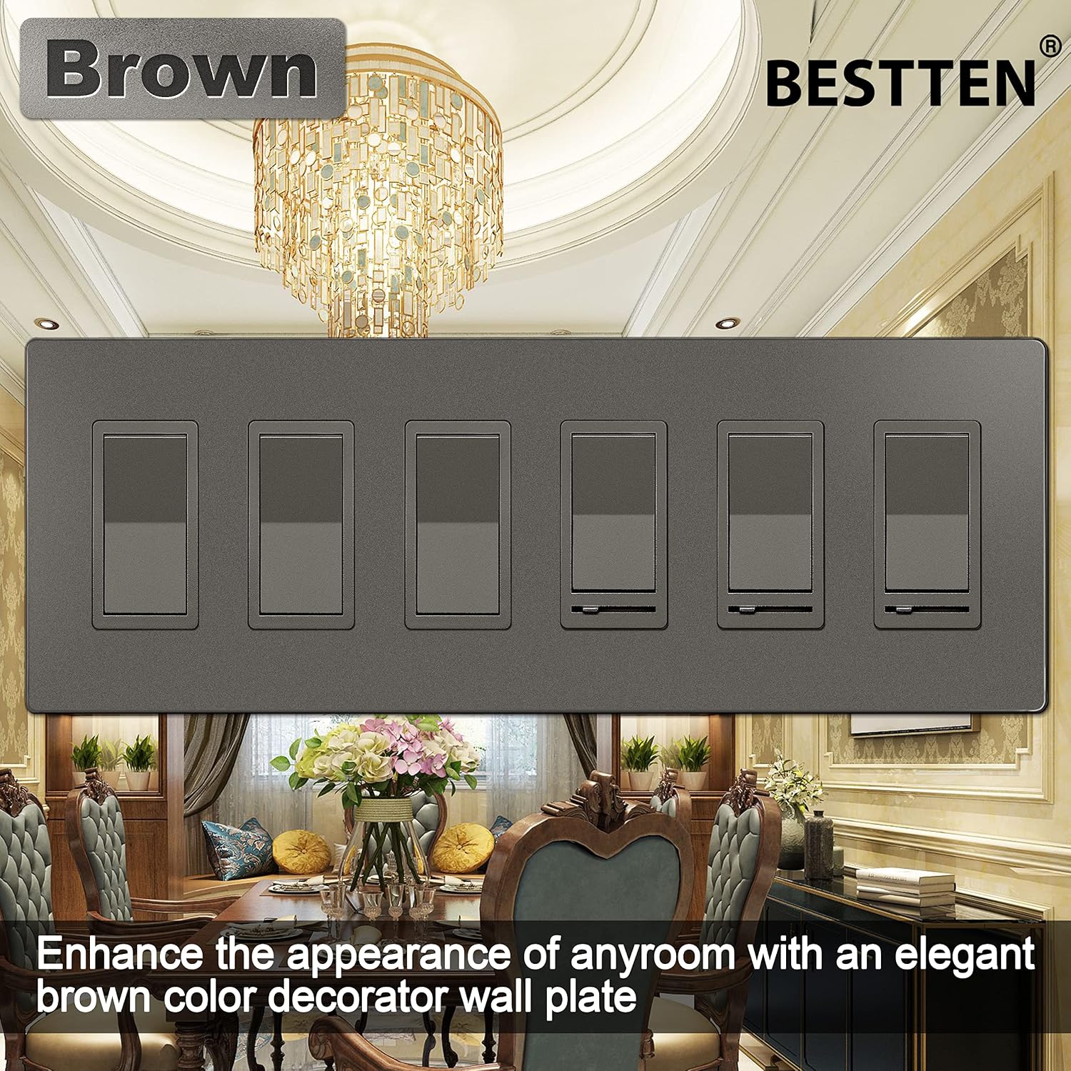 BESTTEN 2 Pack 6 Gang Brown Screwless Wall Plate, Decorator Outlet Cover Decor Switch Plate, H4.69” x W11.75”, Signature Collection USWP8 Series