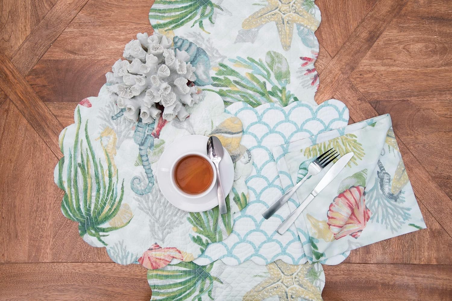 C&F Home Shellwood Sound Cotton Quilted Table Runner White Green Pink and Blue Coastal Beach Cotton 14" X 51" Machine Washable Cotton Quilted Table Linen 13" x 51" White