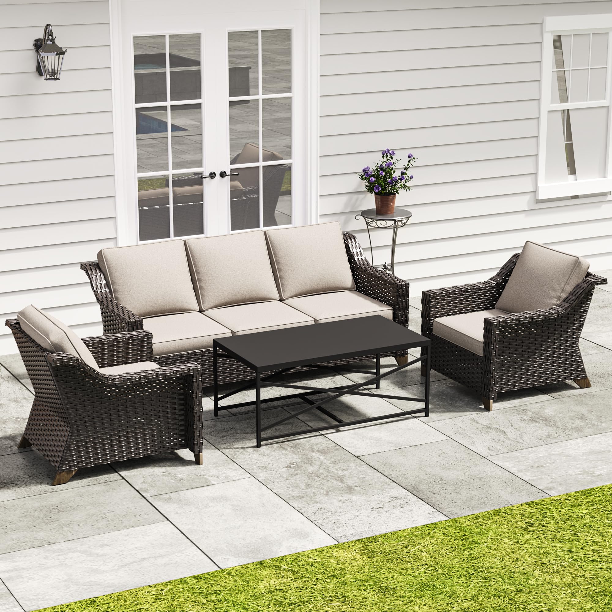 4 Piece Patio Furniture Set, Wicker Outdoor Conversation Set