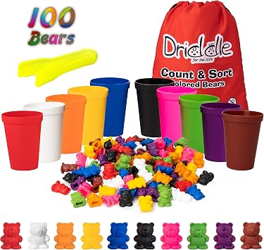 Driddle Colorful Counting Bears with Matching Cups - 100 Bears - Sort, Count & Color Recognition Learning Toy for Toddler & Kids - Montessori Education - Preschool Game