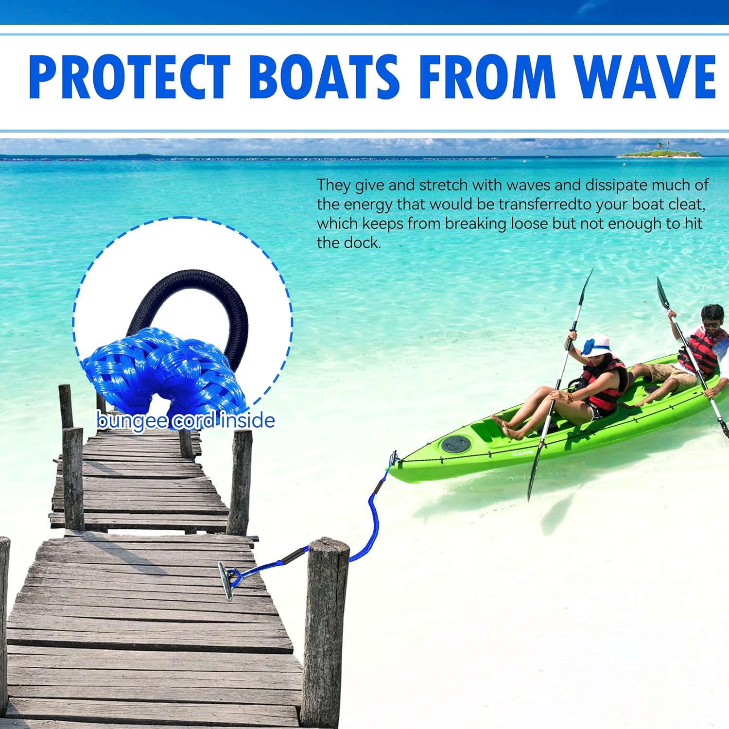 Marine Bungee Dock Lines for Boat 4-Pack, Braided Rope with Loops, Boat Tie Down for Dock, (4ft Blue)