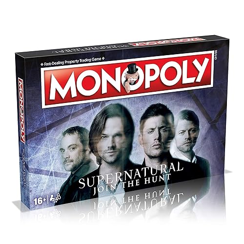 Juego de mesa Winning Moves Supernatural Monopoly, únete a Sam y Dean de los hermanos Winchester, avanza a Vampire y Werewolf e intercambia tu camino hacia el éxito, para mayores de 16 años