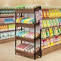 Tribesigns 4-Tier Snack Display Rack - Sturdy Retail Stand with Metal Hooks, Storage Shelves, Easy Assembly, Brown