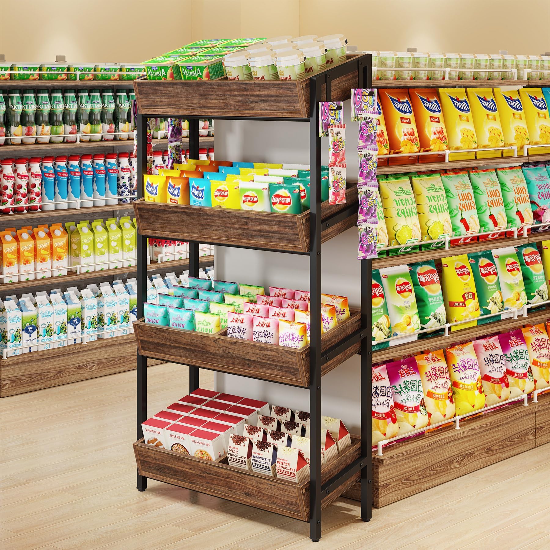 Tribesigns Retail Display Racks, 4-Tier Snack Rack, Chip Stand with Storage Shelves, Merchandise Display Shelves, Easy Assembly (1, Brown)
