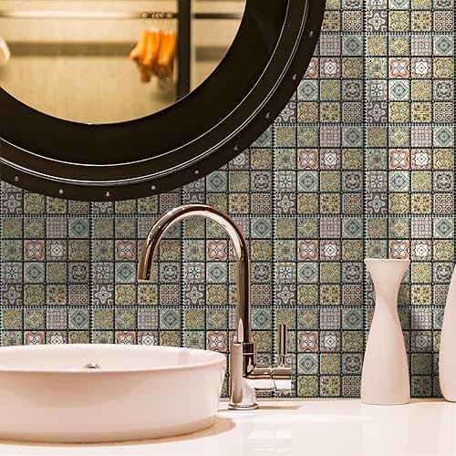 Miniatura 4 de Alwayspon 25 unidades de azulejos de mosaico de despegar y pegar para decoración del hogar, 4 x 4 pulgadas, autoadhesivos, impermeables, de vinilo,