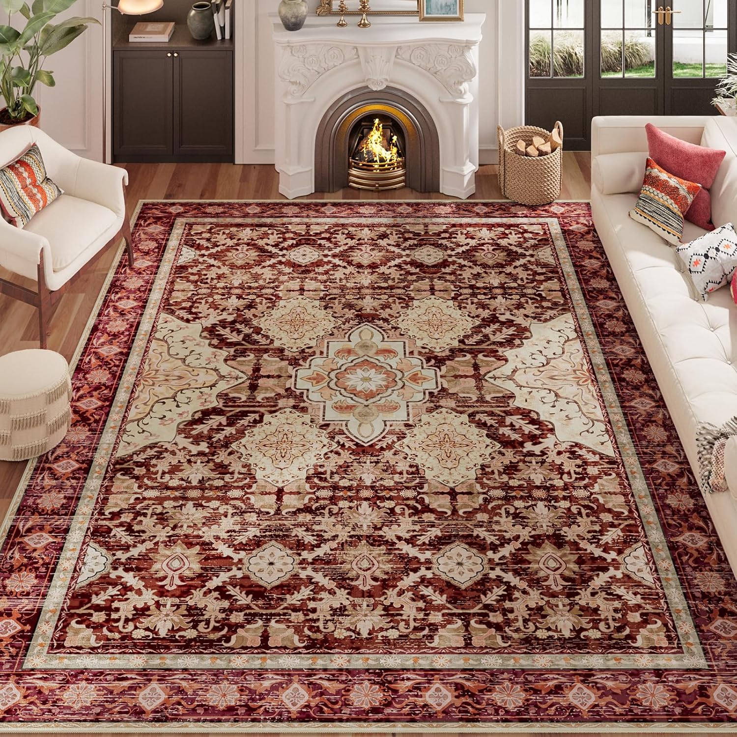 AMTOVO 8x10 Area Rugs for Living Room, Large Non-Slip Washable Rug, Boho Vintage Retro Medallion Print Pattern Carpet for Bedroom Dining Room Home Office Nursery Dorm Farmhouse, Vintage Red