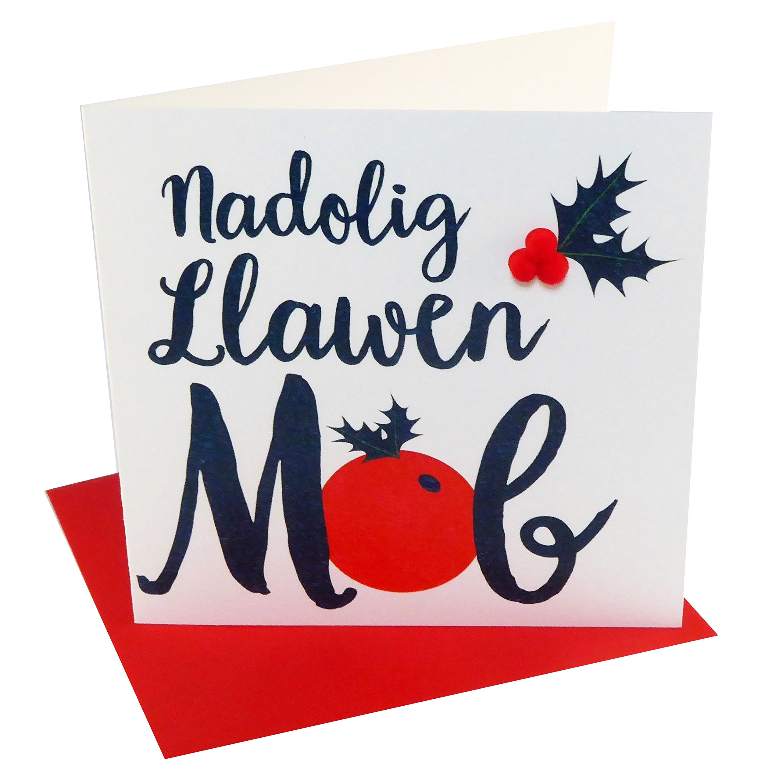 Claire Giles Greeting Cards, Welsh Happy Christmas Son Card, Nadolig Llawen Mab, Big Berry design xmas Greeting Card, Embellished with Colourful Pompoms