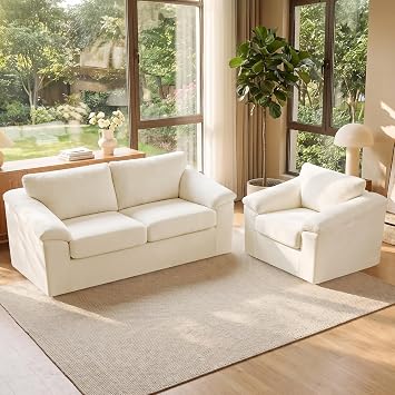 Boneless Couch Sets, Modern Loveseat Sofa with Accent Sofa Chair, Floor Cloud Couch Sets with Extra Comfy Soft Deep Seats for Living Room, Apartment, No Assemby, Set of 2, Beige