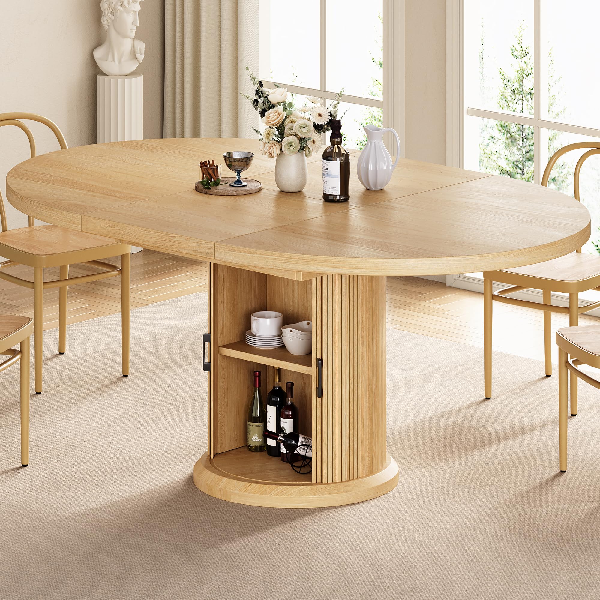 Photo 1 of Jocoevol 47?–63? Extendable Round Dining Table for 4–8 with Dust-Proof 2-Tier Storage Shelf Space-Saving Expandable Dining Room Table Wood Oval Circle Dining Table with Pedestal Base (Natural)