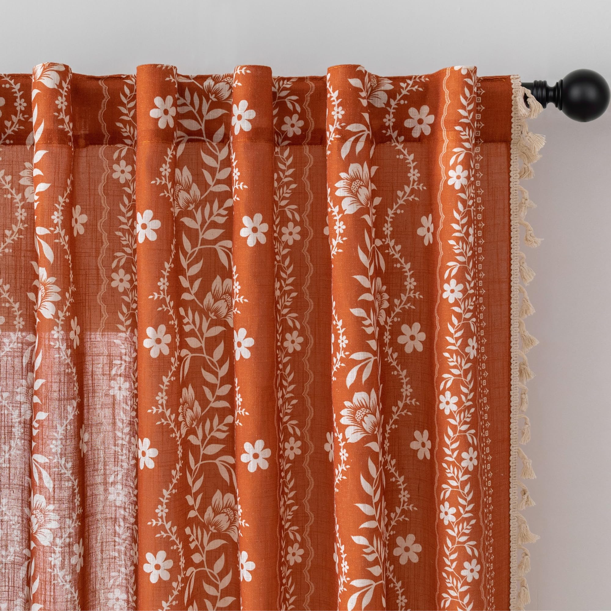 MYSKY HOME Terracotta Boho Floral Linen Curtains 63 Inch Long for Bedroom