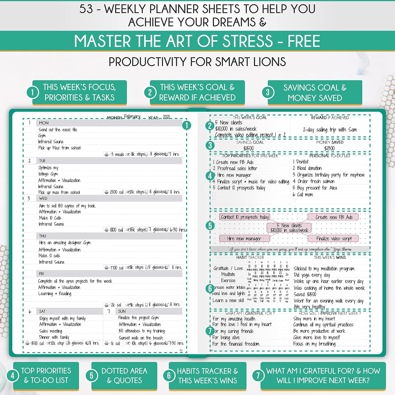 Life Planner - Undated Daily, Weekly & Monthly Planner with Budget Section | A 12 Month Journey to Increase Productivity & Happiness | Life Organizer & Gratitude Journal - Horizontal Format