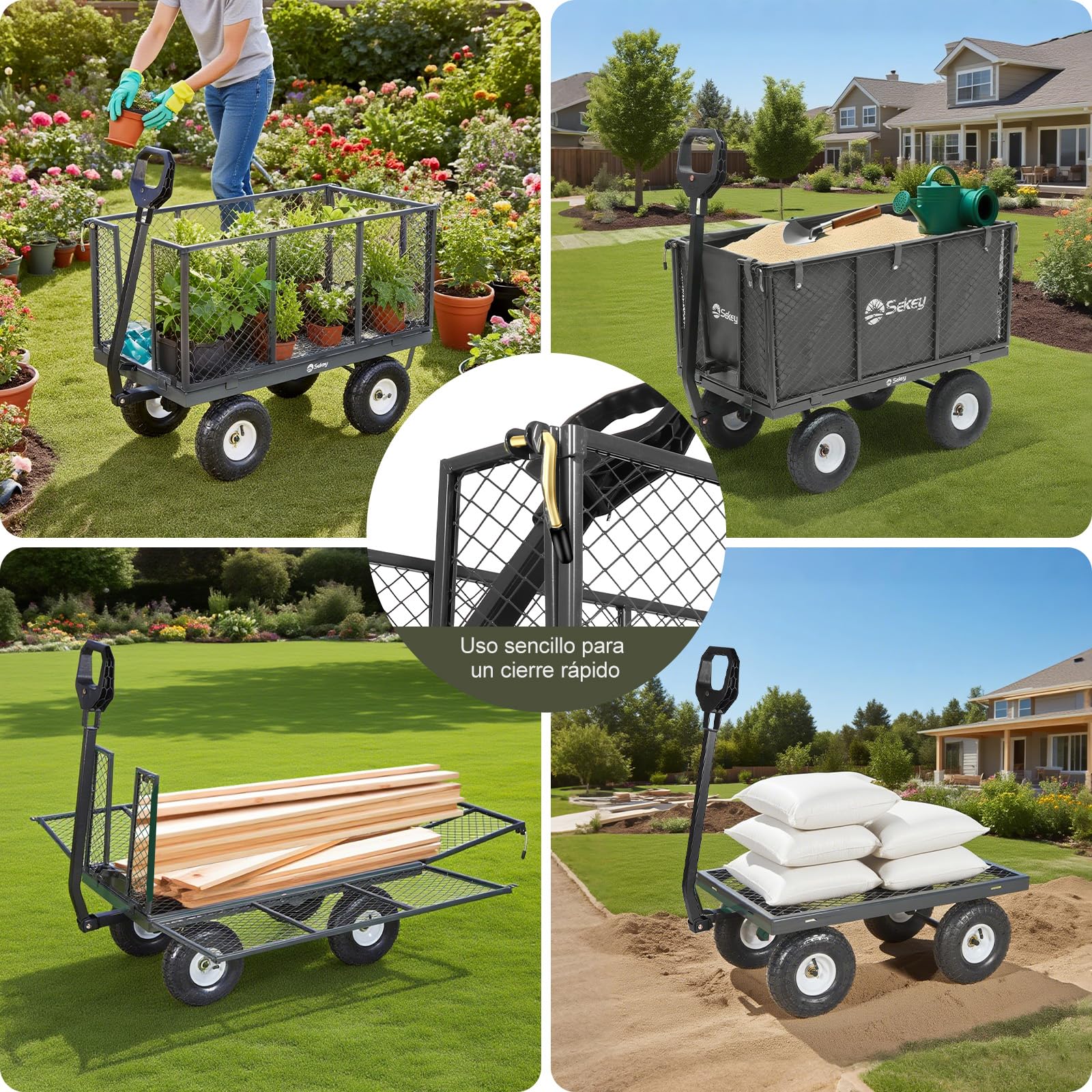 Carro de jardín Titan – Capacidad de Carga 550 KG, Carretilla de Transporte para Equipos con Mango Patentado, Neumáticos inflables de Caucho Completo, 200L, Gris